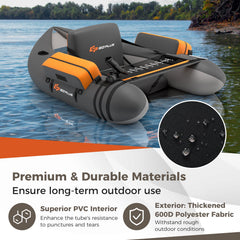 Inflatable Fishing Float Tube with Pump Storage Pockets and Fish Ruler-Gray