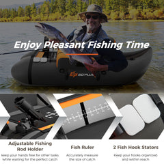 Inflatable Fishing Float Tube with Pump Storage Pockets and Fish Ruler-Gray