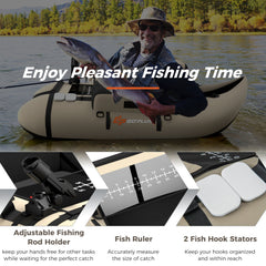 Inflatable Fishing Float Tube with Pump Storage Pockets and Fish Ruler-Beige