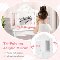 Kid Vanity Table Stool Set with Tri-Folding Mirror and 3-Color LED Lights-White