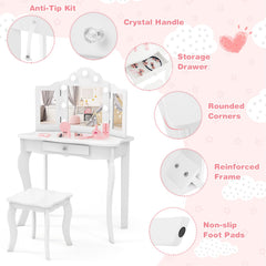 Kid Vanity Table Stool Set with Tri-Folding Mirror and 3-Color LED Lights-White