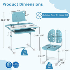 Kid's Study Desk and Chair Set with Tilt Desktop and Book Stand