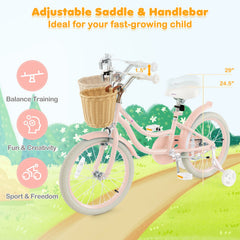 18-Inch Kids Bike with Training Wheels and Adjustable Handlebar Seat-Pink