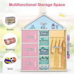 Kids Costume Storage Closet with Storage Bins and Shelves and Side Baskets for Kids Room-Pink
