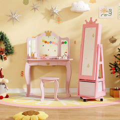 Kids Jewelry Armoire Cabinet with Swivel Base and Lockable Universal Wheels-Pink