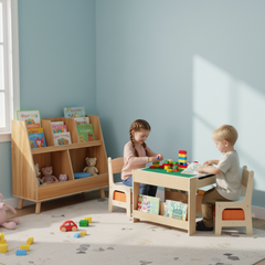 Kids Learning & Play Essentials Bundle - Bookshelf + 4-in-1 Activity Table Set + 360° Swivel Chair
