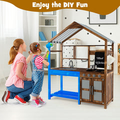 Kid's Mud Kitchen Outdoor Solid Wood Mud Kitchen with Canopy-Natural
