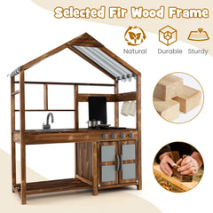 Kid's Mud Kitchen Outdoor Solid Wood Mud Kitchen with Canopy-Natural