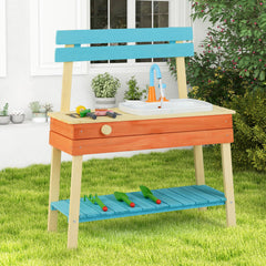 Kids Play Kitchen Set Wooden Kitchen Playset Chef Pretend Mud Kitchen-Blue