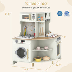 Kids Play Kitchen Wooden Corner Kitchen Playset with Working Faucet and Sink-Beige