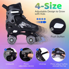 Kids Roller Skates for Girls Boys 4 Sizes Adjustable Quad Skates with Light-up Wheels