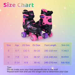 Kids Roller Skates for Girls Boys 4 Sizes Adjustable Quad Skates with Light-up Wheels for Outdoor