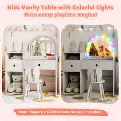 Kids Vanity Desk and Chair Set with Lights Open Shelves