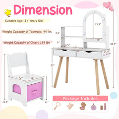 Kids Vanity Set Pretend Play Dressing Table Set with 3-Color Lighting Modes Adjustable Brightness and Mirror Cabinet