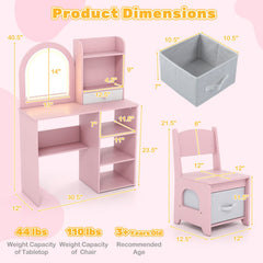 Kids Vanity Set Princess Girls Makeup Vanity Desk with Chair and 3-Color LED Lighted Mirror