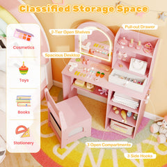 Kids Vanity Set Princess Girls Makeup Vanity Desk with Chair and 3-Color LED Lighted Mirror