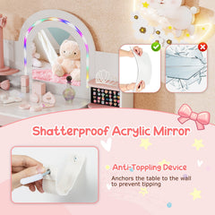 Kids Vanity Set with Colorful LED Lights Princess Makeup Dressing Table with Chair