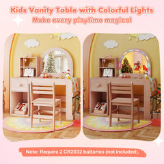 Kids Vanity Table and Chair Set with Lighted Mirror for Kids Aged 3+ Years Old