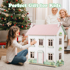 Kids Wooden Dollhouse 3 Level with Double-Sided Roofs and Doors-Pink