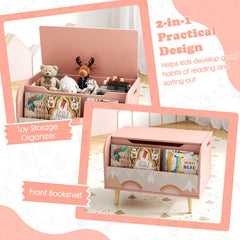 Kids Wooden Toy Box with Front Bookshelf and 4 Solid Wood Legs for Playroom
