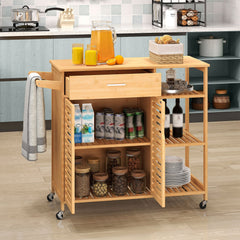 Kitchen Island Cart on Wheels with Sturdy Bamboo Frame-Natural