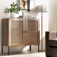 Kitchen Sideboard with 2 Rattan Doors and Adjustable Shelf-Natural