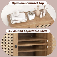 Kitchen Sideboard with 2 Rattan Doors and Adjustable Shelf-Natural