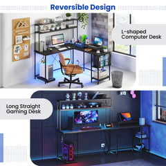 L-Shaped Reversible Gaming Desk with LED Strip and Power Outlets Hutch Monitor Stand-Black
