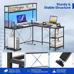 L-Shaped Reversible Gaming Desk with LED Strip and Power Outlets Hutch Monitor Stand-Black