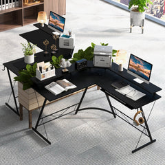 L-shaped Computer Desk with Power Outlet and Monitor Stand-Black
