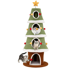 Large Christmas Cat Tree for Indoor Cats 61 Inch Cute Cat Tower with 4 Condos-Green