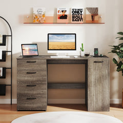 53 Inches Computer Desk with Power Outlets and 4 Storage Drawers-Gray