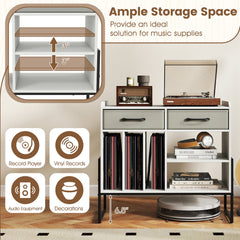 Large Record Player Stand with Charging Station Mid Century Modern Vinyl Storage Cabinet