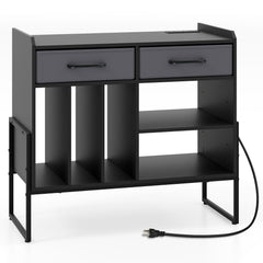 Large Record Player Stand with Charging Station Mid Century Modern Vinyl Storage Cabinet