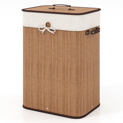 19 Gal Rectangle Laundry Basket Bamboo Clothes Hamper with Handles and Lid-Yellow