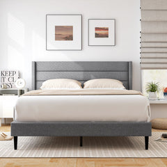 Linen Upholstered Platform Twin/Queen Bed Frame with Wingback Headboard-Queen Size