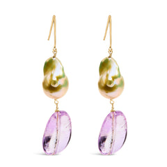 14K Yellow Gold Amethyst and Baroque Pearl Drop and Dangle Earrings 2" Inch Dangle Length