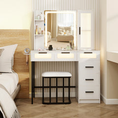 Makeup Vanity Desk with 3-Color Induction LED Lights and 6 Drawers-White