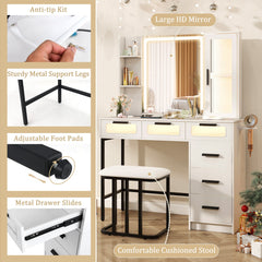 Makeup Vanity Desk with 3-Color Induction LED Lights and 6 Drawers-White