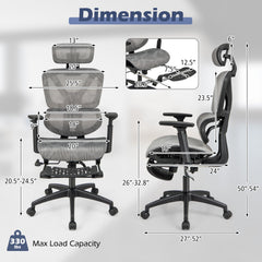Mesh Office Chair with Tilting Backrest and Retractable Footrest-Gray