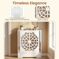 Mirrored Shoe Cabinet 4-Tier Shoe Organizer with Large Drawer-White