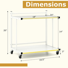 Mobile Side Table 2-Tier Rolling End Table with Open Shelves & Golden Trimmed Edges-White