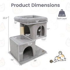 Modern Cat Tree Space-saving Cat Tower with Upholstered Perch and 2 Cat Condos