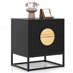 Modern Mid Century Fluted Nightstand with 2 Drawers and Pine Wood Handles for Bedroom