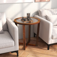 Modern Round End Table Sofa Side Table with Transparent Tempered Glass Top-Brown