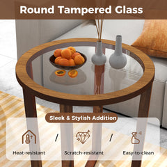 Modern Round End Table Sofa Side Table with Transparent Tempered Glass Top-Brown