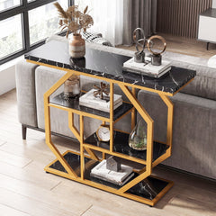 Modern Sofa Table Behind Couch 4-Tier Console Table with Faux Marble Tabletop-Black