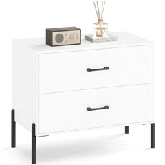 Modern Wooden 2-Drawer Nightstand with Metal Legs and Handles-White