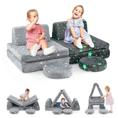 Modular Kids Play Couch Set Glow in the Dark with Portable Handles-Gray
