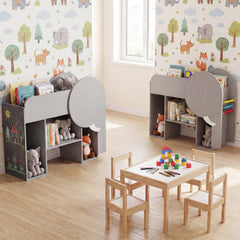 Montessori Bookshelf with Elephant Shape 3-Tier Toddler Toy Storage Organizer-Grey